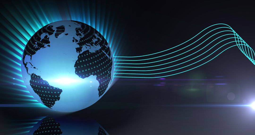 Glowing Digital Globe with Flowing Data Lines on Blue Background