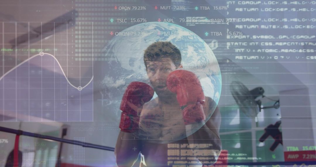 Boxer in Ring Merged with Digital Data and World Map