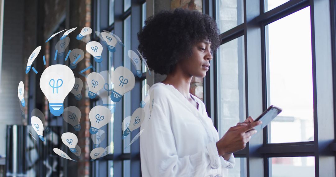 Innovative African American Woman Using Tablet Symbolizing Global Connectivity