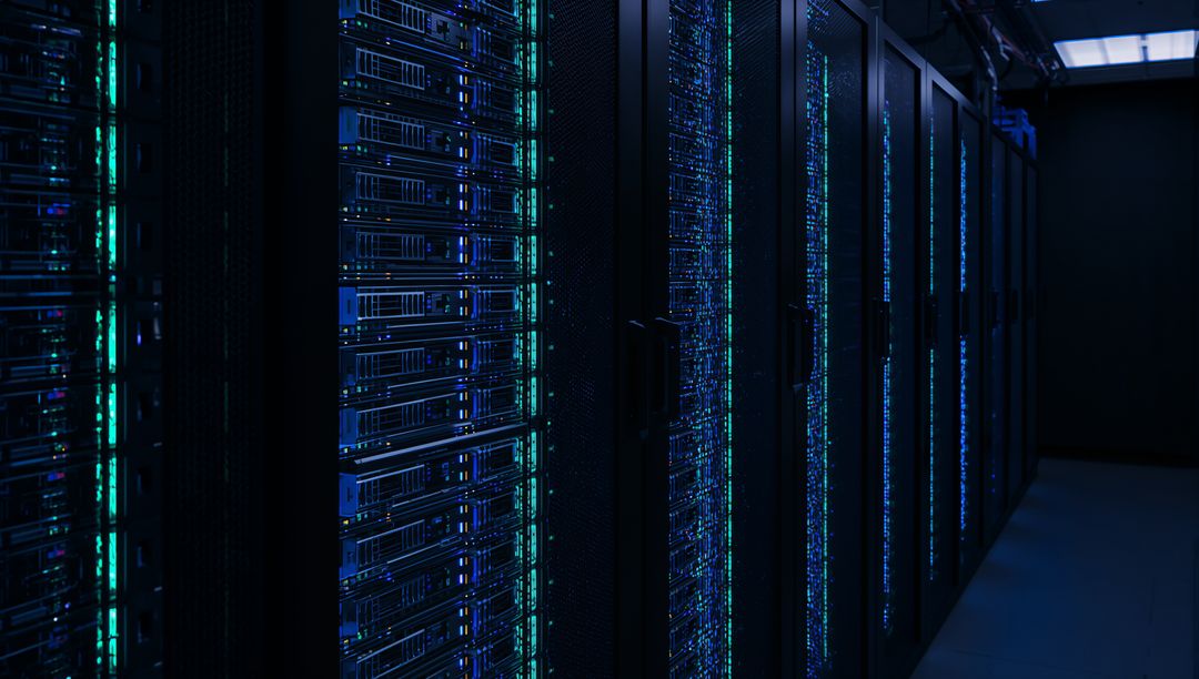 Glowing Data Center Server Racks Illuminating Narrow Aisle with Blue-Teal LED Lights