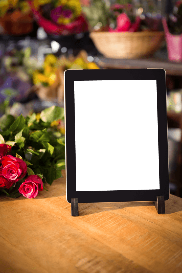 Transparent Tablet Display with Roses in Flower Shop Setting
