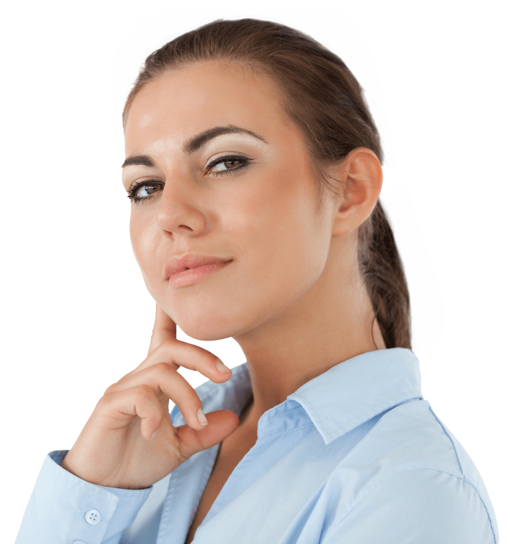 Transparent Confident Young Businesswoman in Thoughtful Pose
