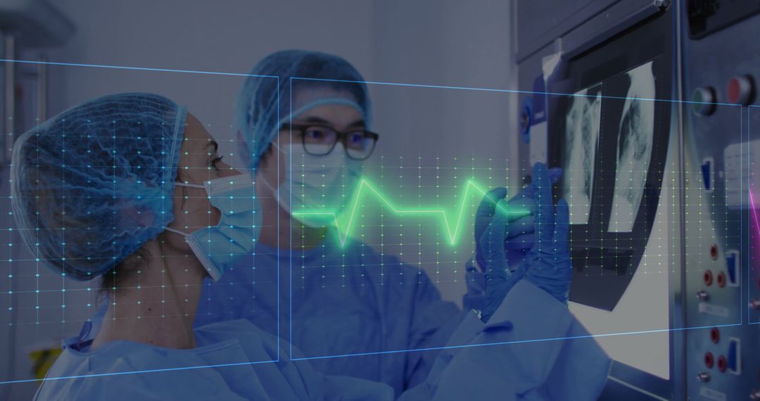 Medical Professionals Analyzing X-ray with ECG Holographic Overlay Technology