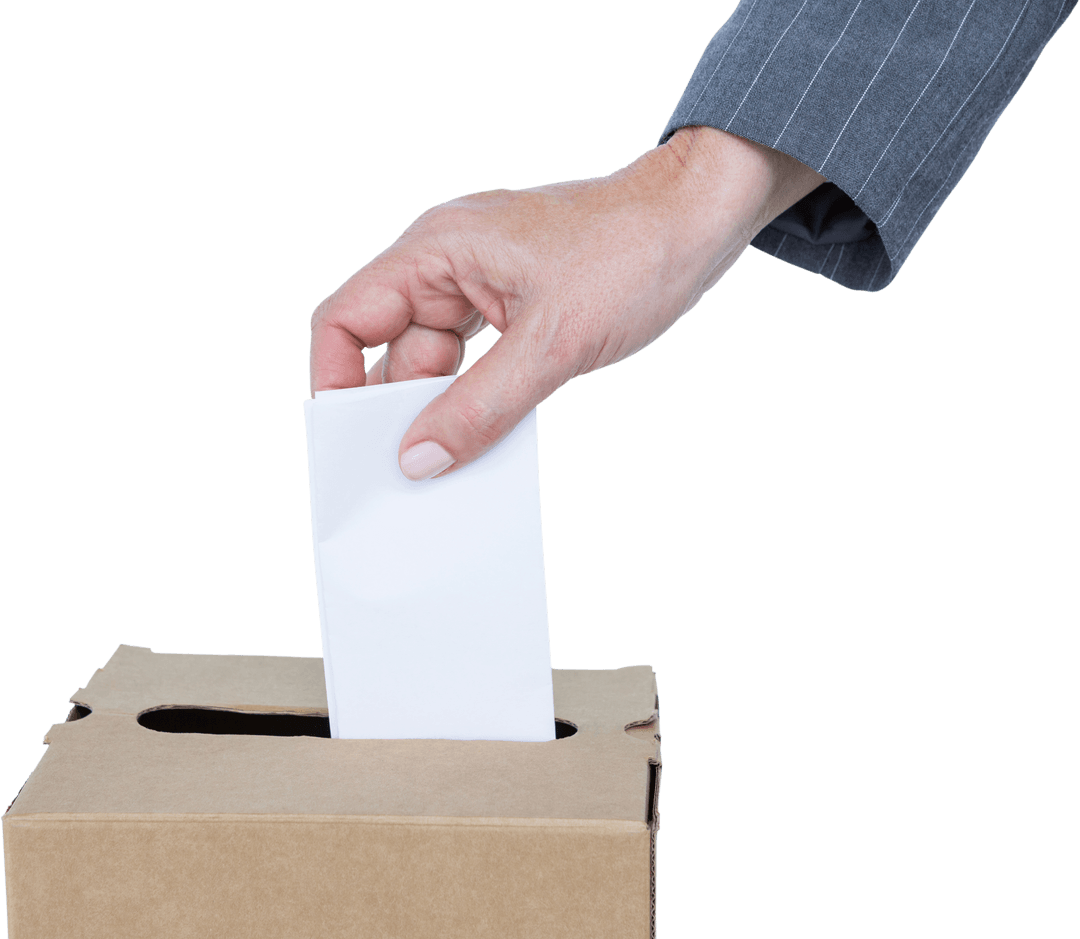 Transparent Image of Hand Voting with Ballot and Cardboard Box