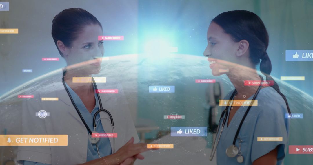 Medical Professionals Discussing Innovations with Digital Overlay