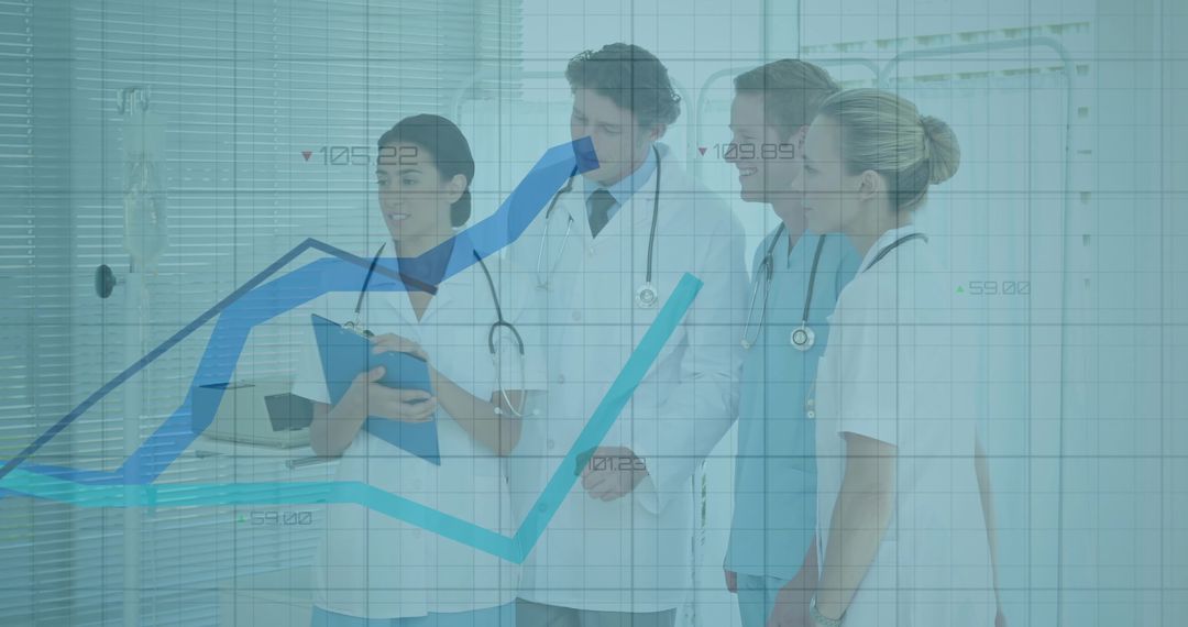 Medical Team Analyzing Data with Graph Overlay in Clinical Environment