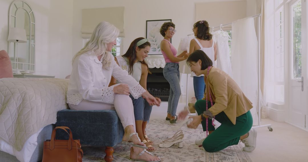Women Discuss Wedding Plans in Bright Bridal Room