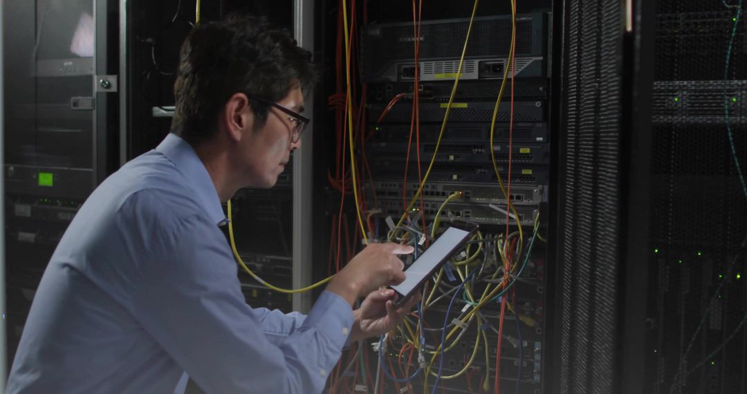 Korean IT Technician Troubleshooting Server Rack with Tablet and Ethernet Cables