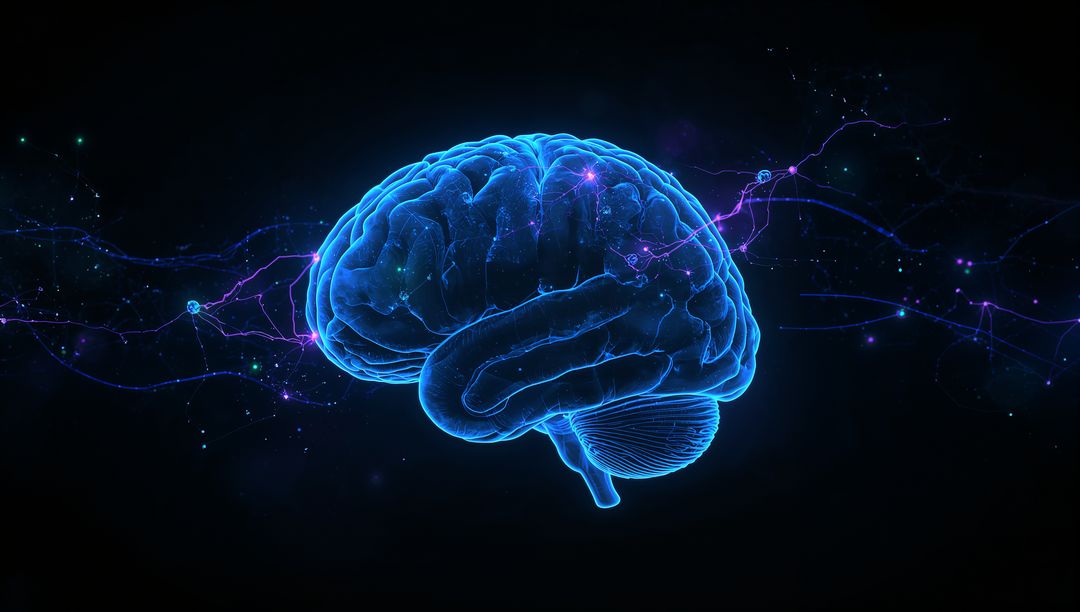 Glowing 3D Brain Model with Neon Neural Network Visualization