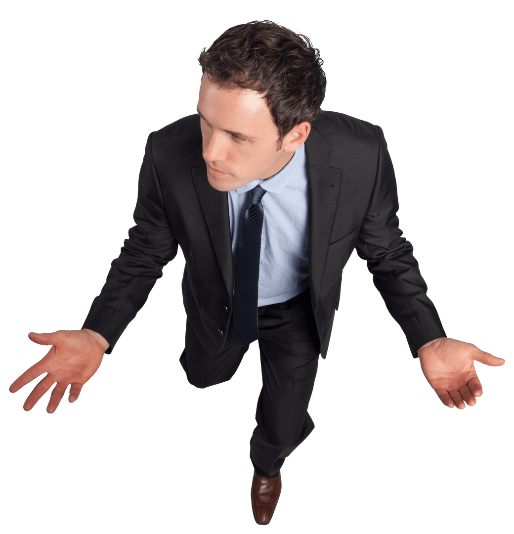 Transparent Confused Businessman in Suit Gesturing Upwards