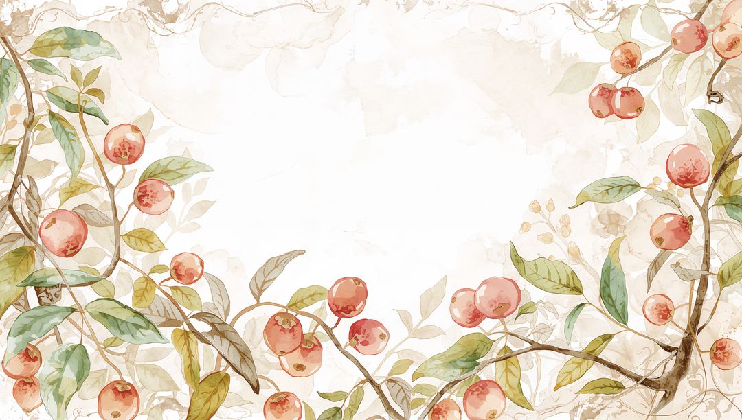 Framing watercolor botanical border with pink fruit branches and green leaves on warm paper