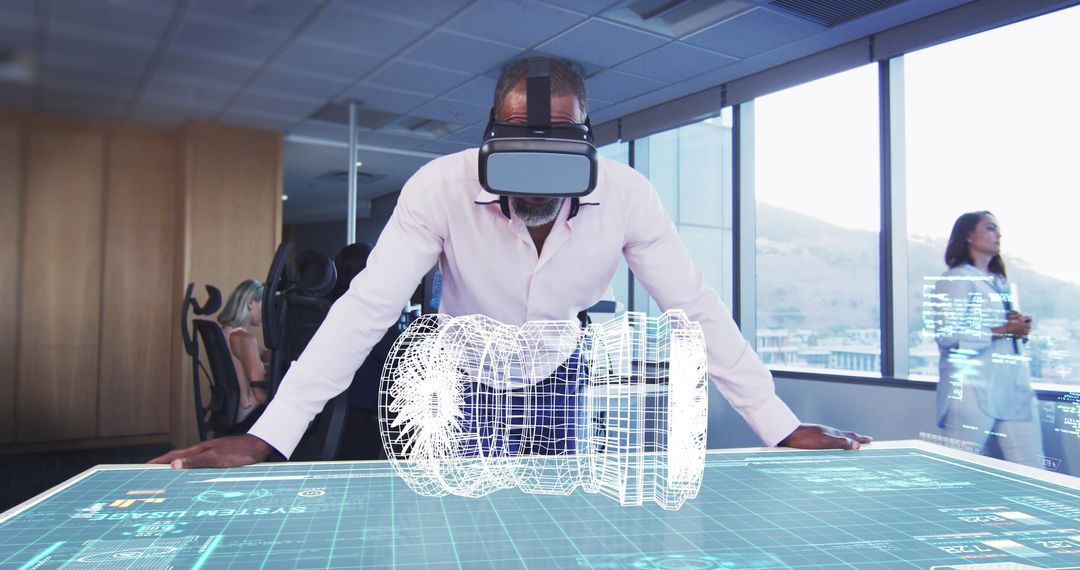 Businessman Engaging with Holographic Display Using VR in Modern Office