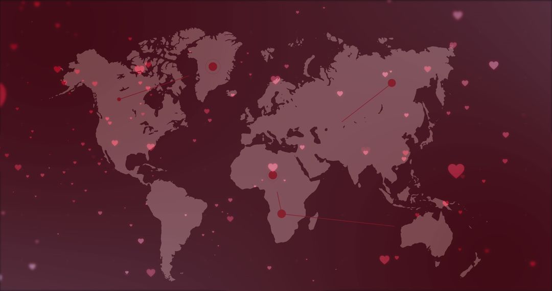World Map Overlay with Heart Icons and Data Connectivity