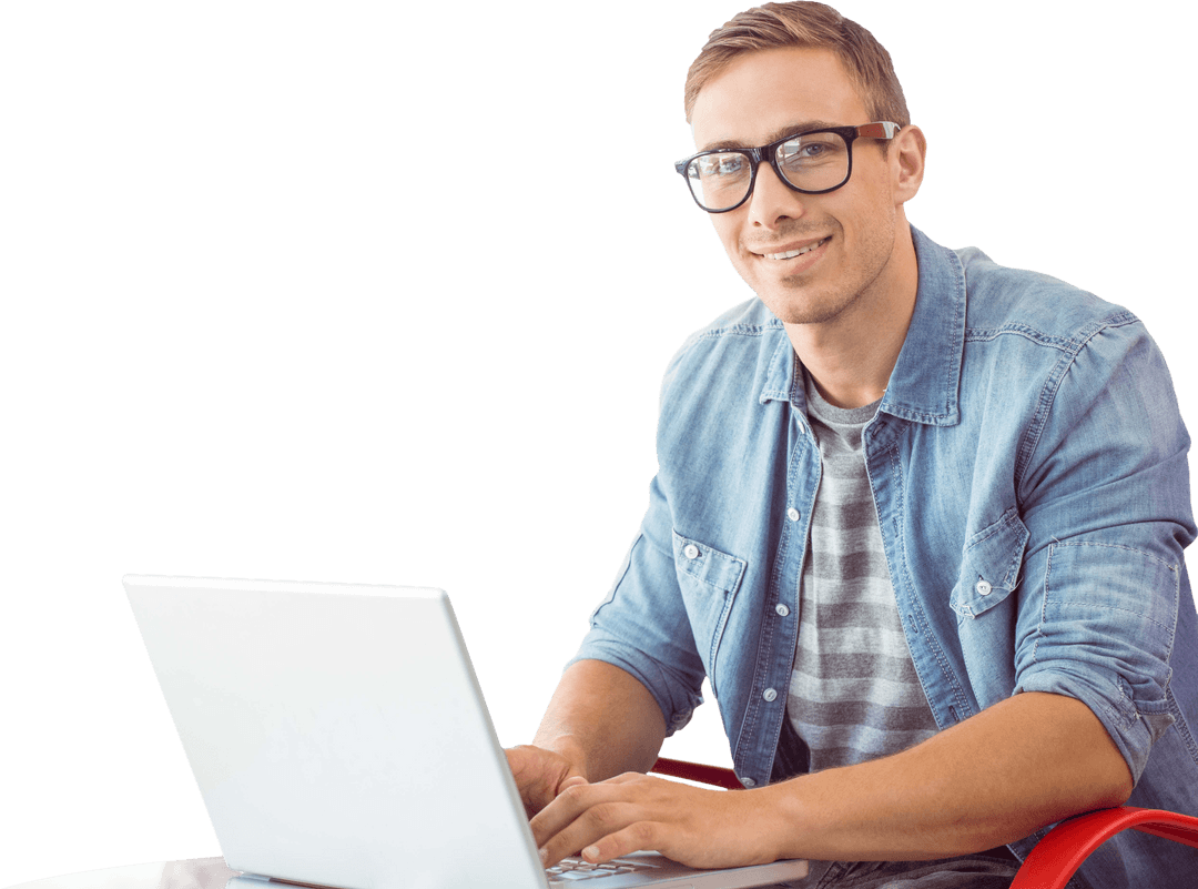 Smiling Caucasian Man Using Laptop on Transparent Background Technology Concept