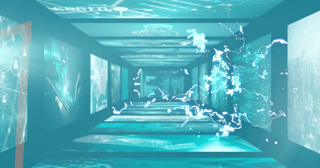 Futuristic 3D Data Tunnel with Digital Interfaces in Motion