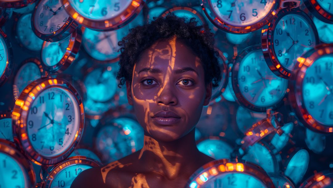 Surreal Portrait of Woman Surrounded by Glowing Analog Clocks for Time Concept