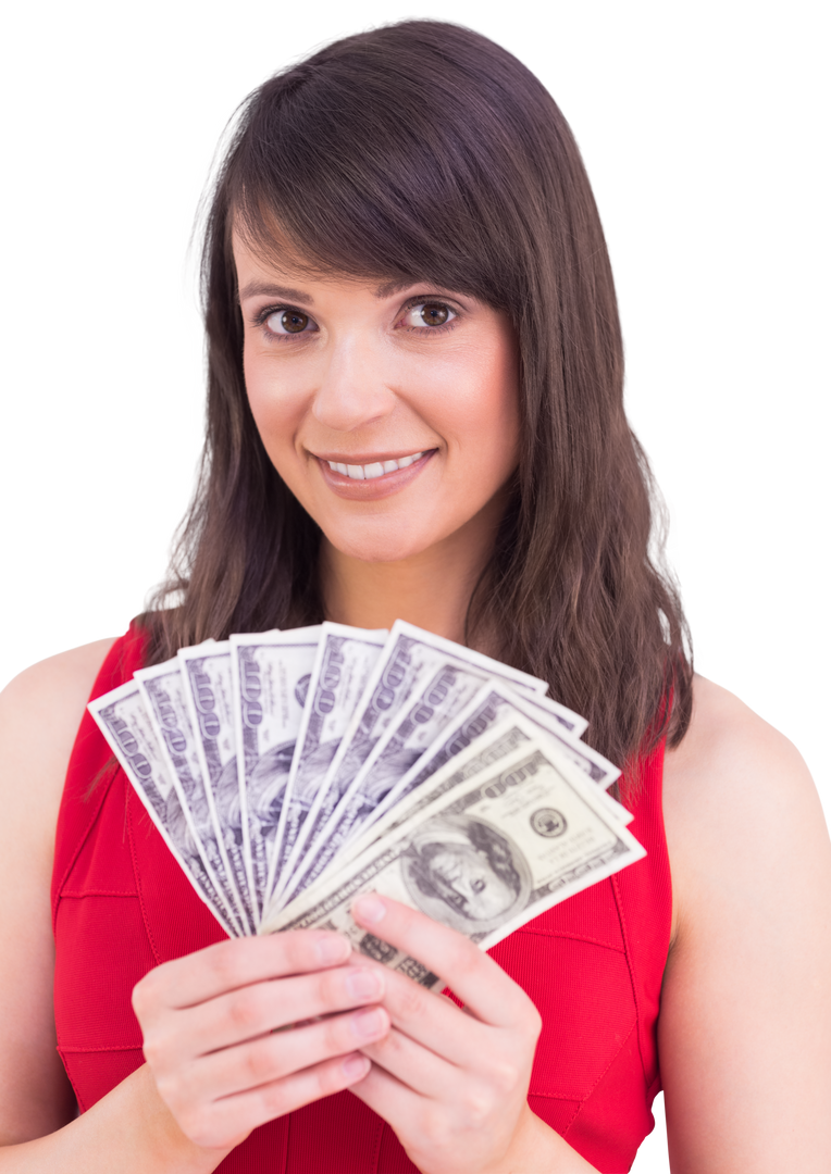 Smiling Woman Holding Fan of Dollar Bills on Transparent Background - Download Free Stock Images Pikwizard.com