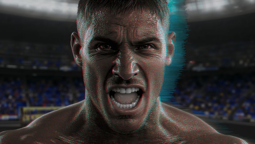 Shouting Shirtless Fighter Roaring in Stadium with Cyan Glitch and Sweat-Soaked Intensity