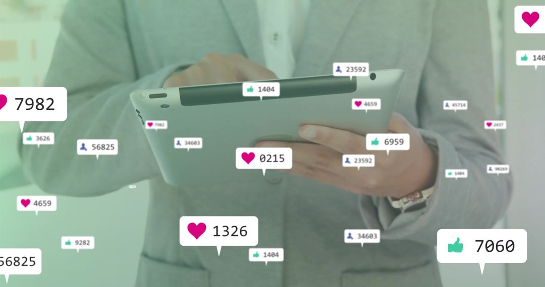 Businessman Using Tablet with Floating Social Media Icons