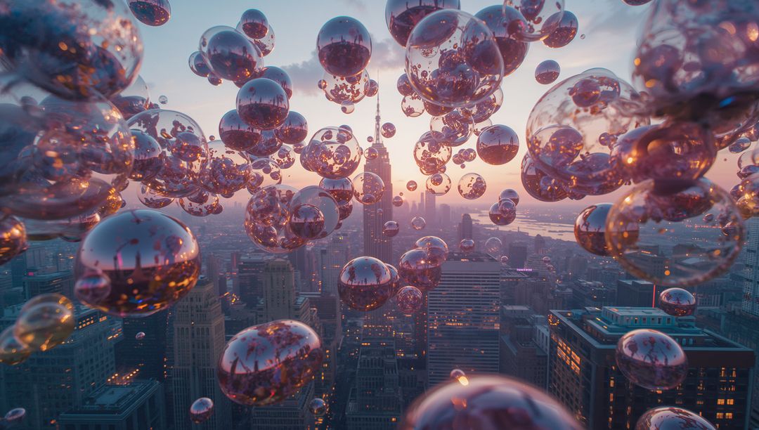 Surreal Floating Spheres Above Cityscape at Sunset