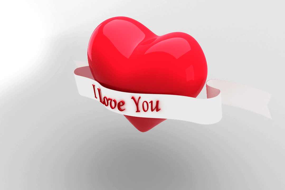 I Love You Text on Red Heart with Ribbon Transparent Background