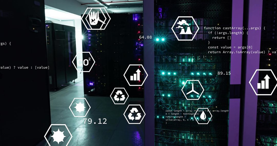 Futuristic Data Processing with Ecology Icons in Server Room