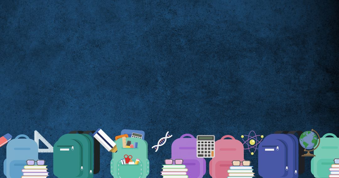 Colorful Rucksacks and School Supplies on Blue Background