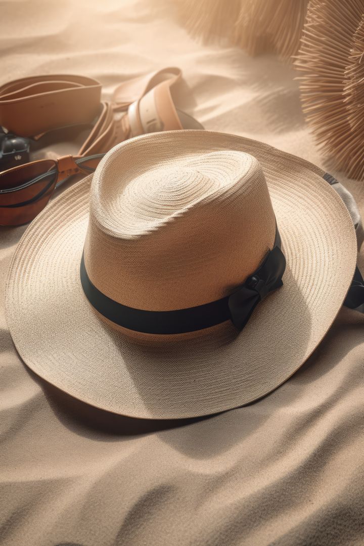 Panama Hat Lying on Sand at Sunset with Leather Accessories - Free Images, Stock Photos and Pictures on Pikwizard.com