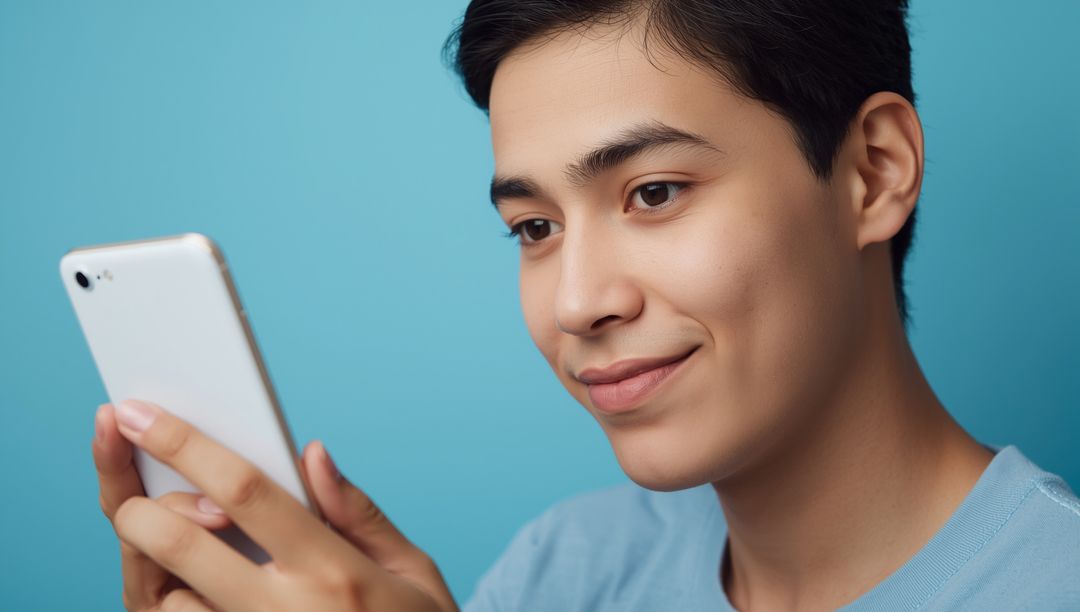 Asian Teen Using Smartphone in Studio with Blue Background