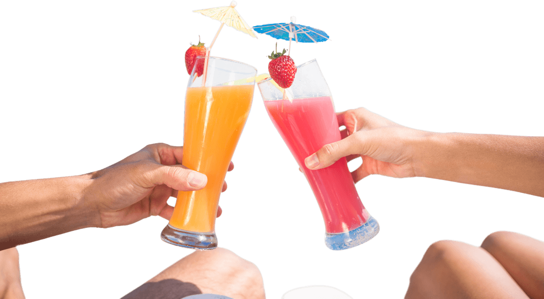 Hands Toasting Fruit Lemonades with Decorative Umbrellas on Transparent Background