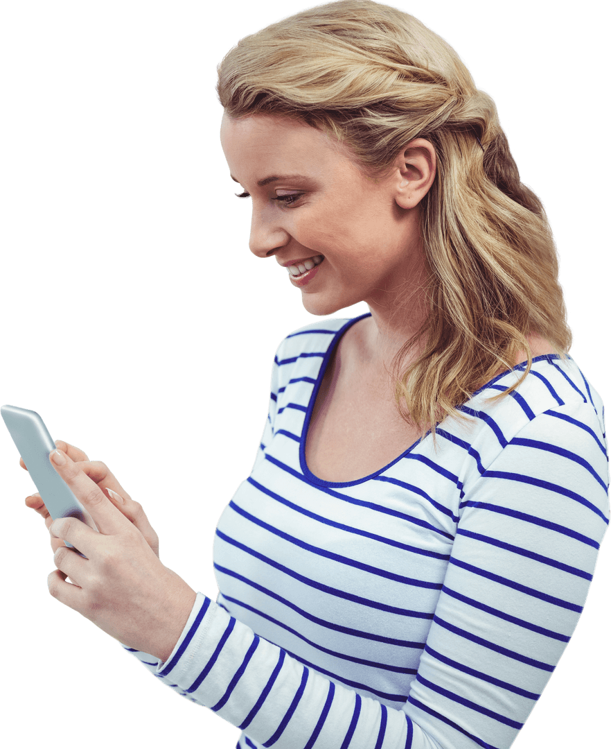 Caucasian Woman Texting on Smartphone Over Transparent Background