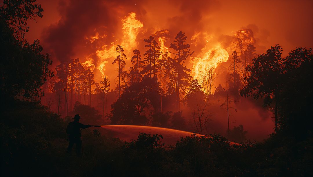 Firefighter Battling Intense Forest Fire with Hose