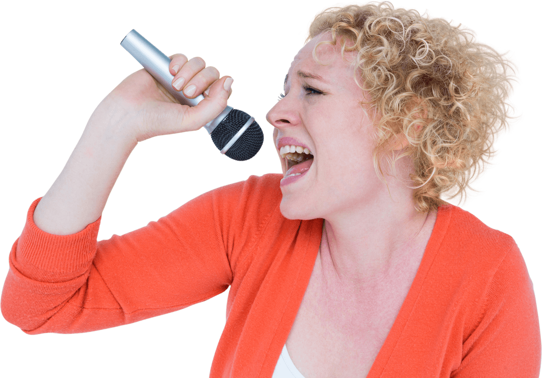 Energetic Woman Singing into Microphone on Transparent Background
