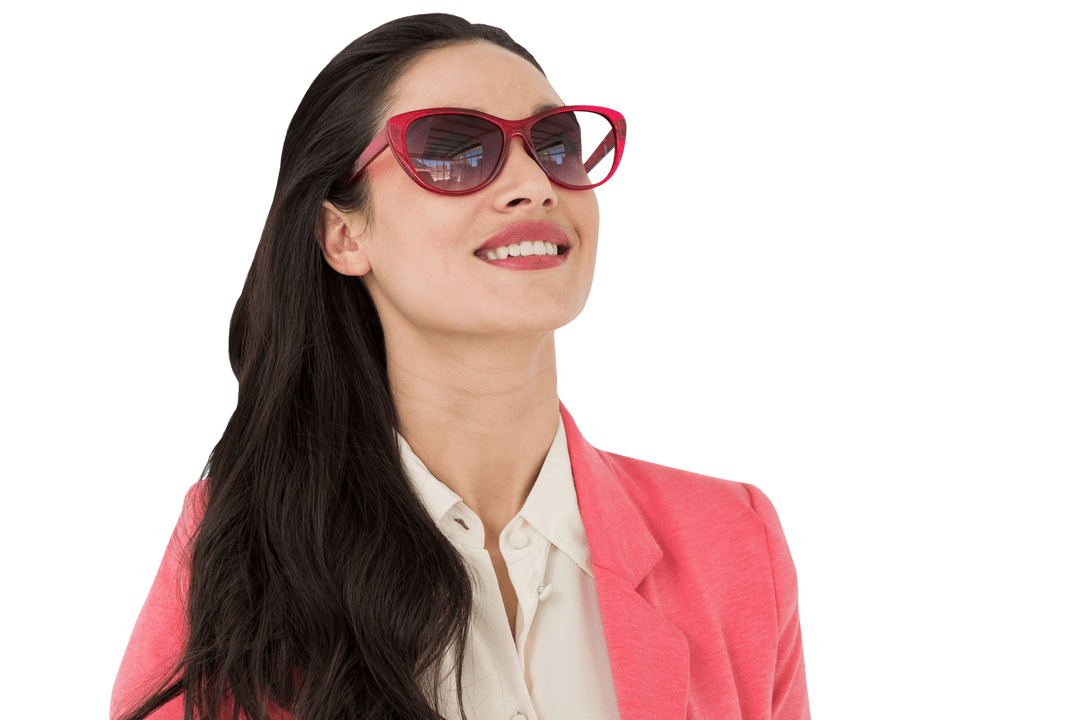 Smiling Caucasian Woman in Pink Suit with Sunglasses on Transparent Background