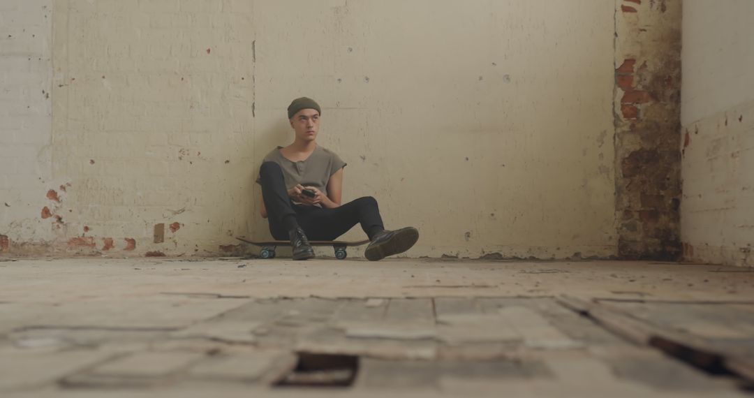 Contemplative Young Man Sitting on Skateboard Indoors with Rustic Background