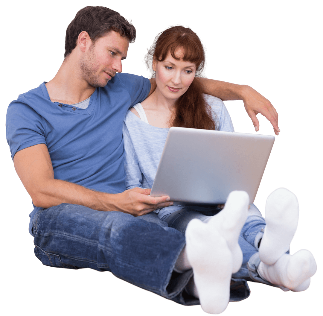 Happy Caucasian Couple Using Laptop Together Transparent Background