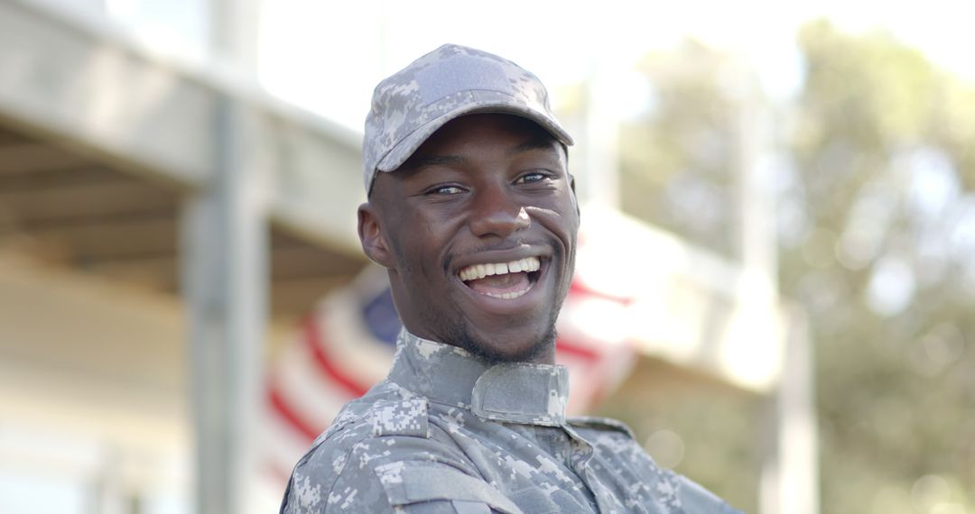 Smiling African American Soldier in Military Uniform Outdoors - Free Images, Stock Photos and Pictures on Pikwizard.com