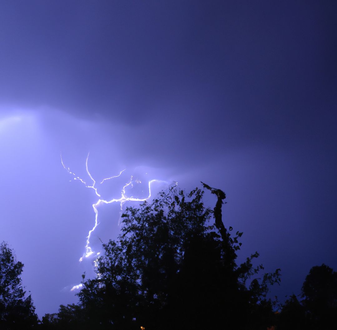 Image of thunder lightning against blue stormy sky with copy space - Free Images, Stock Photos and Pictures on Pikwizard.com