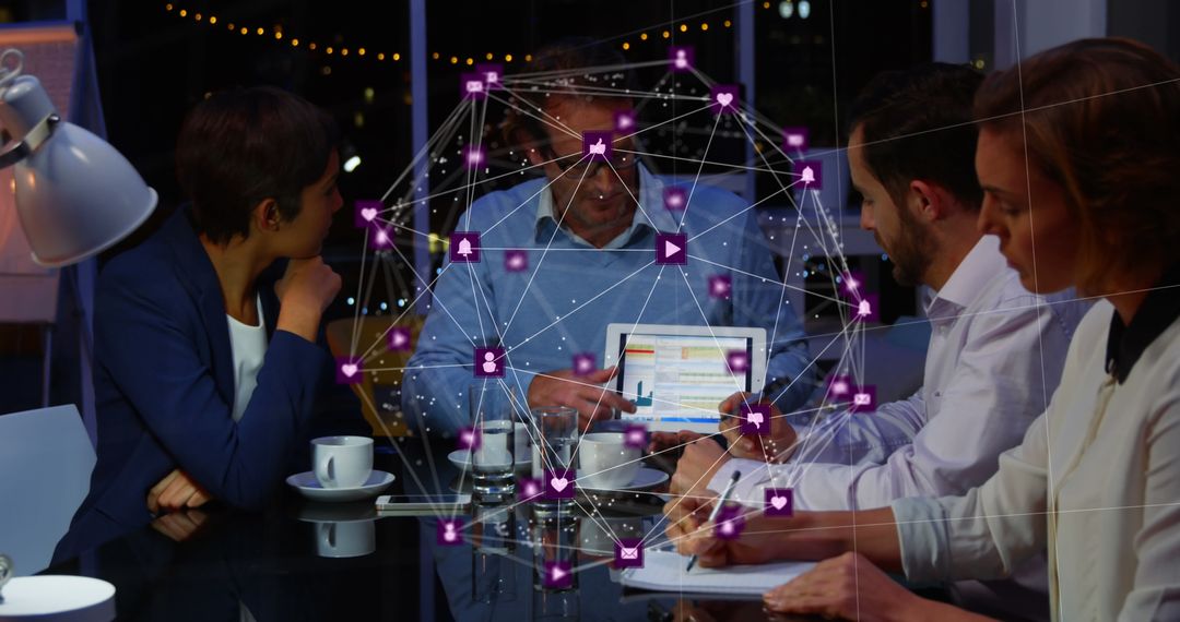 Digital Network Overlay on Business Meeting at Night