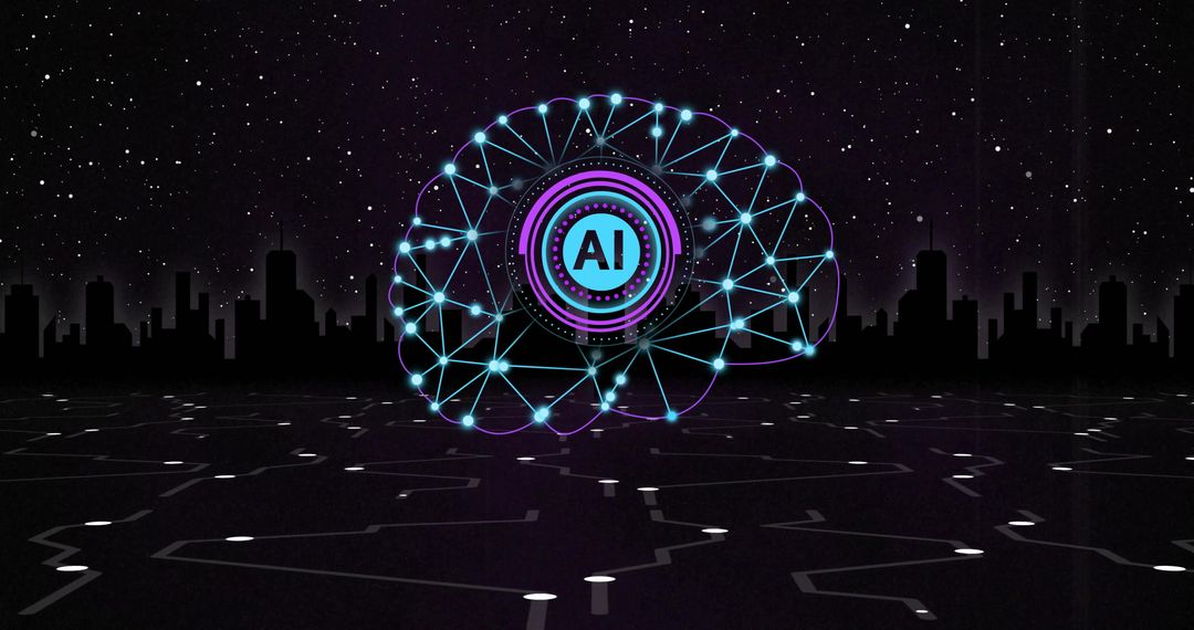 Futuristic AI Concept with Digital Brain Amidst Night Skyline