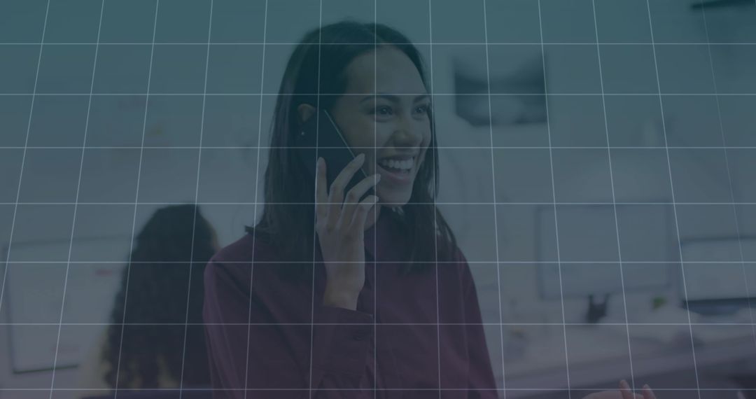 Smiling Woman Engaged in Office Communication on Smartphone