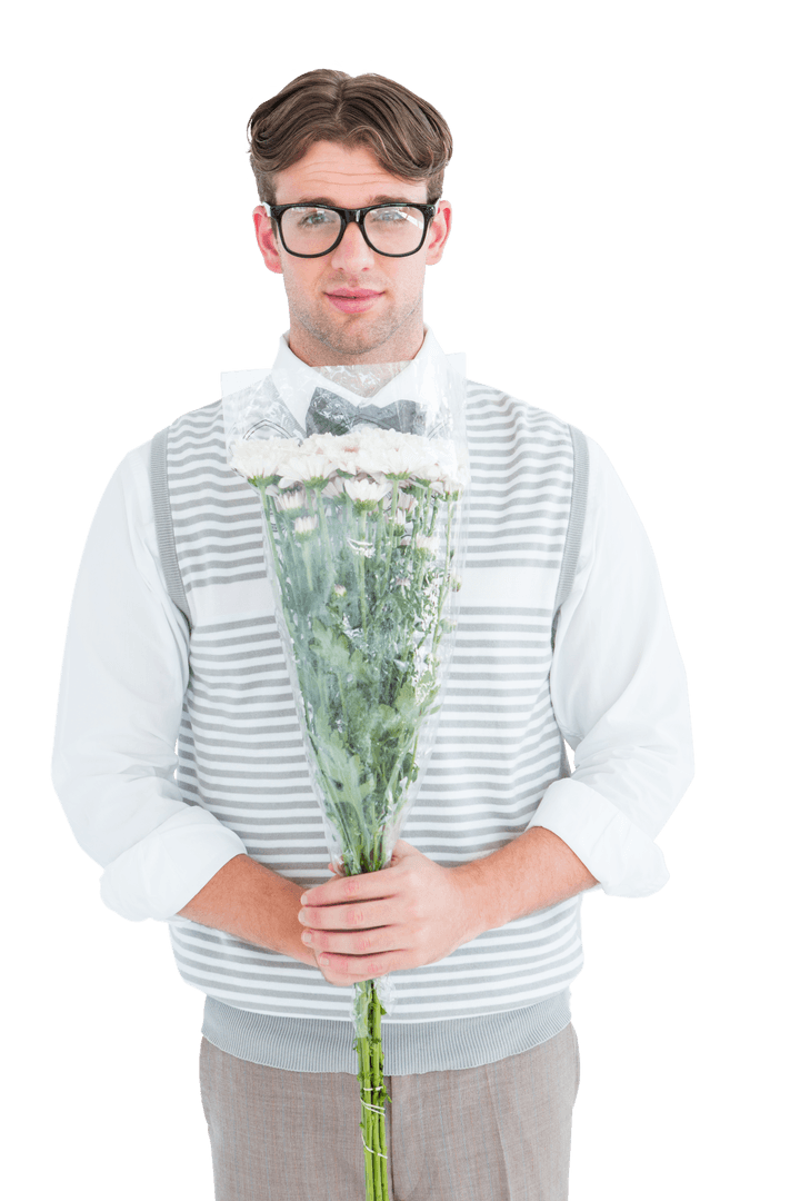 Geeky Hipster with Glasses Offering Transparent Flower Bouquet