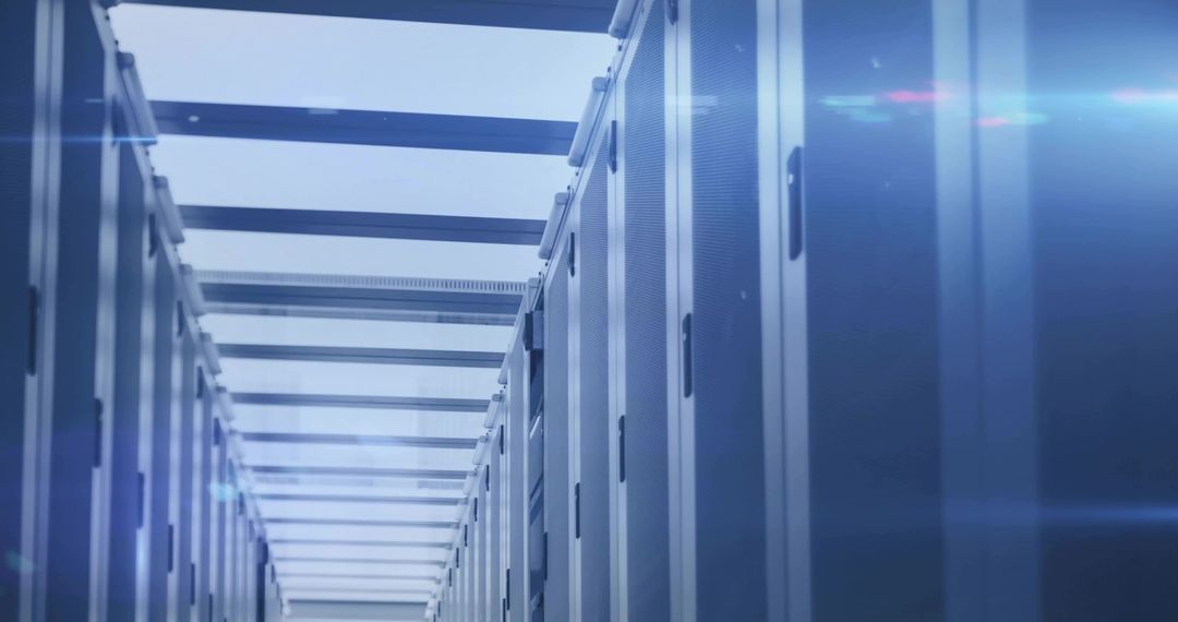 Futuristic Data Center Aisle with Extending Servers and LEDs