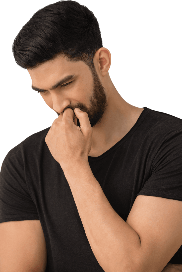 Thoughtful Man in Black T-Shirt on Transparent Background