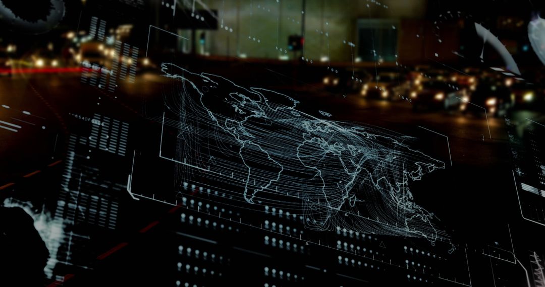 Futuristic Interface with Digital Data Overlay on Night Cityscape