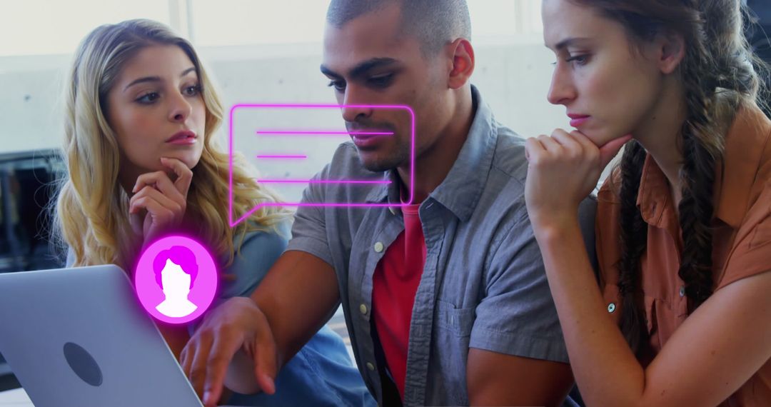 Business Team Collaborating with Social Media Interface Overlay