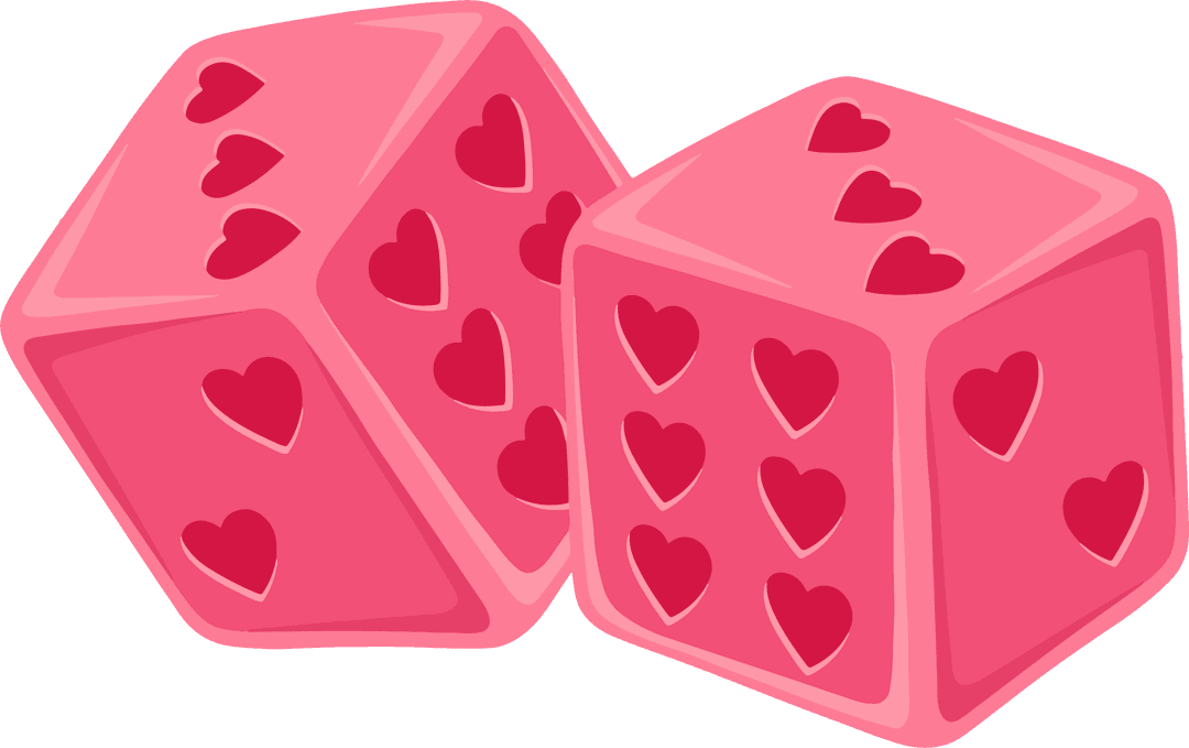 Heart-Themed 3D Dice with Pink and Red Pips on Transparent Background