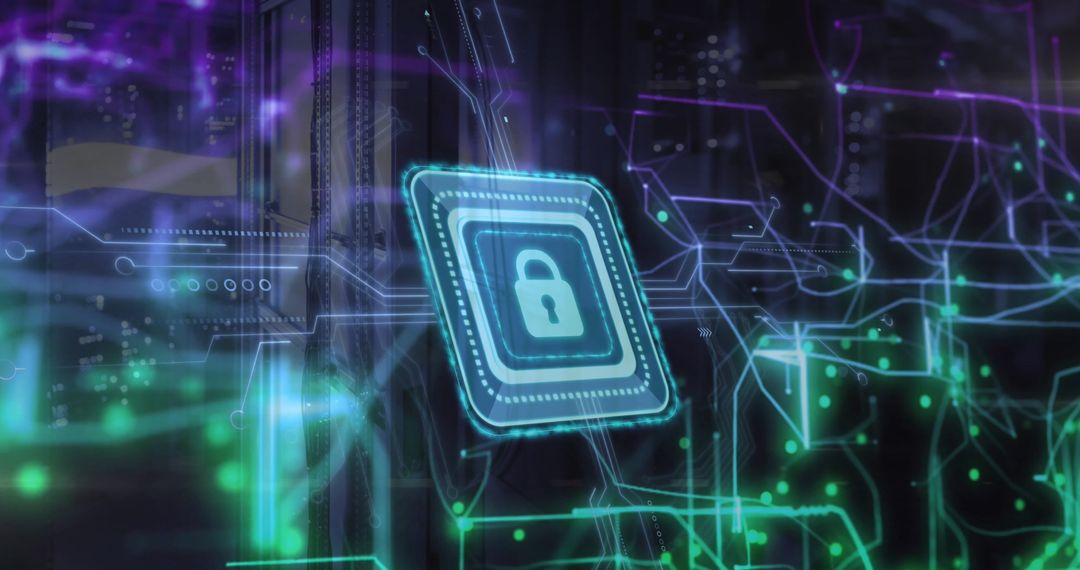 Cybersecurity Concept with Digital Padlock Icon on Data Servers