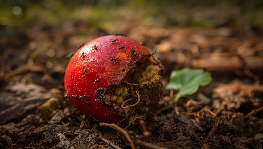 Glossy red fruit rotting on forest floor with ants swarming over split skin and yellow fibers