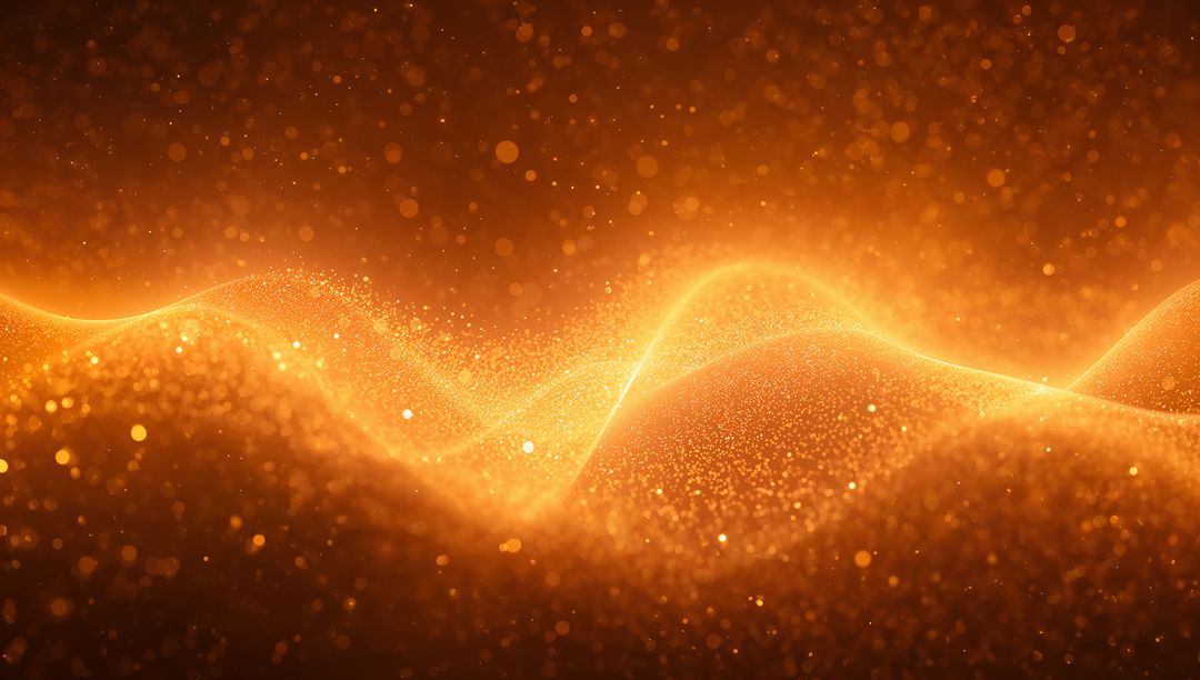 Glowing Golden Particle Wave Flowing Across Abstract Digital Space with Bokeh and Sparkling Specks